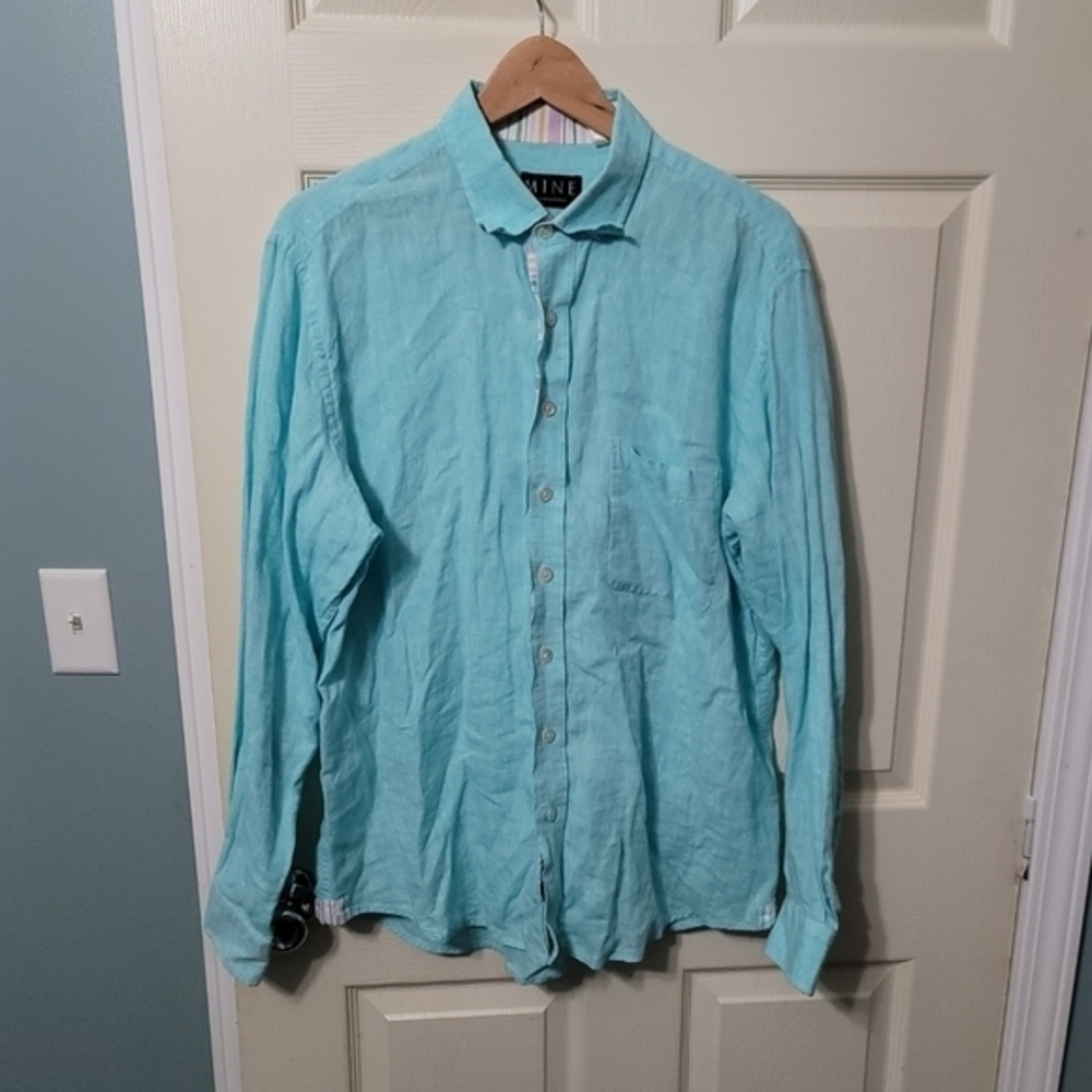 MINE Sky Blue 100% Linen‎ Button-down Men's L PreOwned Great Condition.